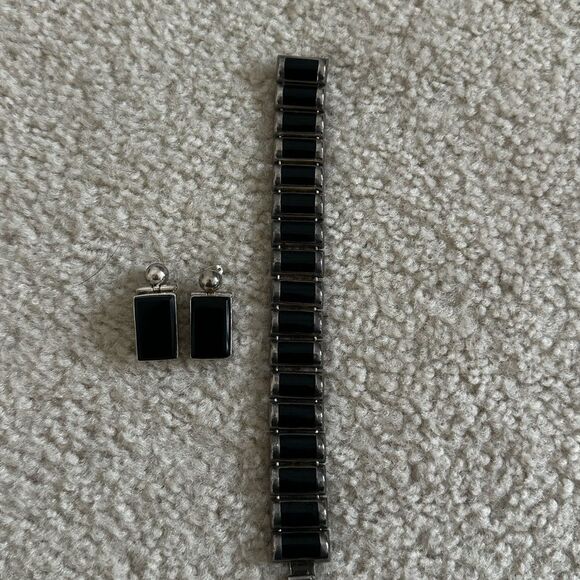 Vintage Sterling Silver 950/925 & Onyx Bracelet and Earring Set - Picture 1 of 4